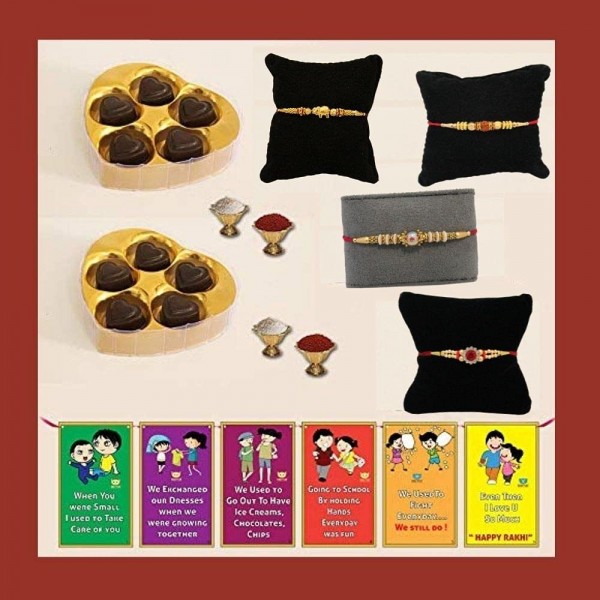 Rakhi Chocolates for Brother, 2 Heart Chocolate Box, 5 pcs each + 4 Rakhi + 2 Roli Chawal + Free Rakhi Card