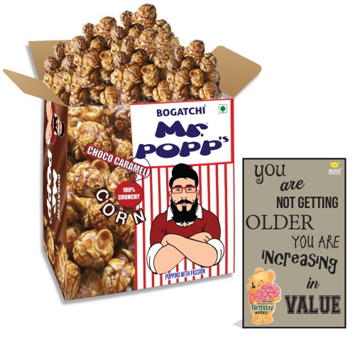 Mr.POPP's Chocolate Crunchy Caramel Popcorn, HandCrafted Gourmet Popcorn, Best Birthday Gift for Mother , 375g + FREE Happy Birthday Greeting Card