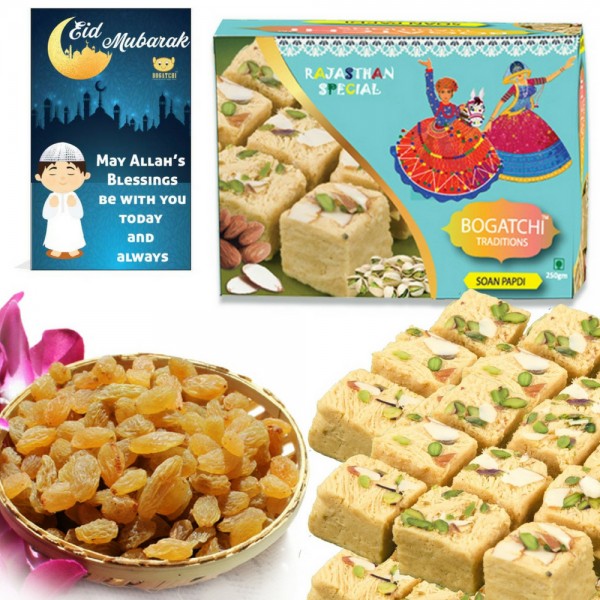 EID MUBARAK SWEETS GIFT - SOAN PAPDI AND DRY FRUITS COMBO, 350G, Free Eid Mubarak Card