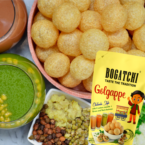 BOGATCHI Ready to Fry Atta Golgappe-Puchka- Panipuri with 4 Waters Masala and Green & Red Chutneys | Pani Puri Pappad | Golgappe Packet ReadyMade | Home Made Fiber Rich Golgappa Complete Combo, 200g