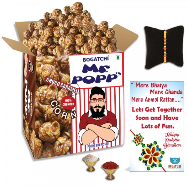 Mr.POPP's Chocolate Crunchy Caramel Popcorn, HandCrafted Gourmet Popcorn, Best Rakhi Gift, 375g + FREE Happy  Rakhi Greeting Card + FREE Rakhi