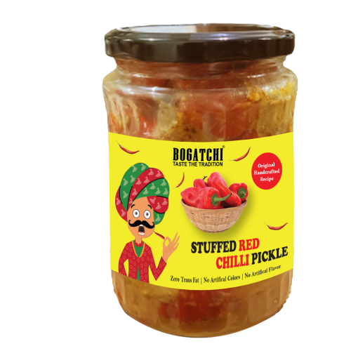 BOGATCHI Stuffed Red Chilli Pickle | Real Taste | Handcrafted Original Pickle | Achar Pickle | No Preservatives | No Artificial Color | No Artificial Flavor | Natural Ingredients | 500g