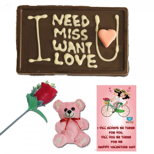 BOGATCHI Handwritten Chocolates Valentine Day Gift for Boyfriend, Love Message 70g + Free Valentine Card + Free Rose & Teddy