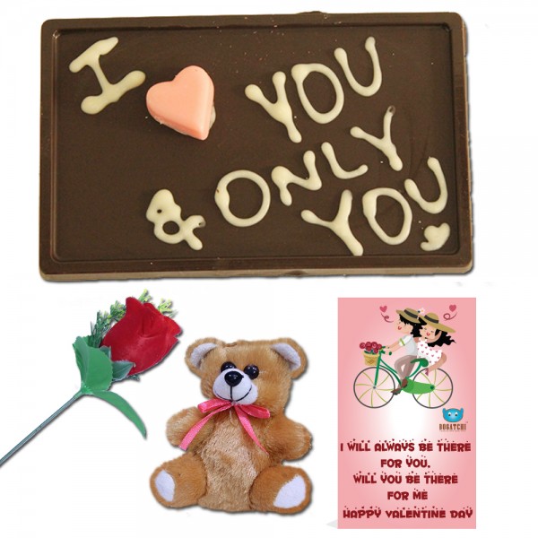 BOGATCHI Handwritten Valentine's Day Chocolate Gift, Only Love 70g + Free Valentine Card + Free Rose & Teddy
