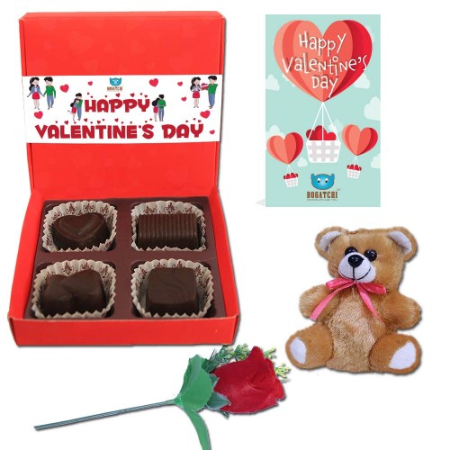 BOGATCHI Chocolates Valentine Day Gift for Wife, 4 Choco Red Box + Free V-Day Card + Free Rose & Teddy