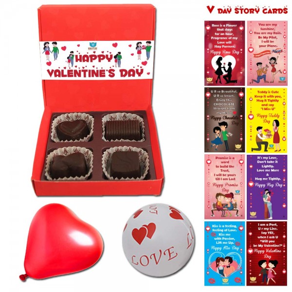 BOGATCHI Chocolates Valentines Day Gift for Wife, 4 Choco Red Box + Free All V-Day Cards Set + Free Love Balloons