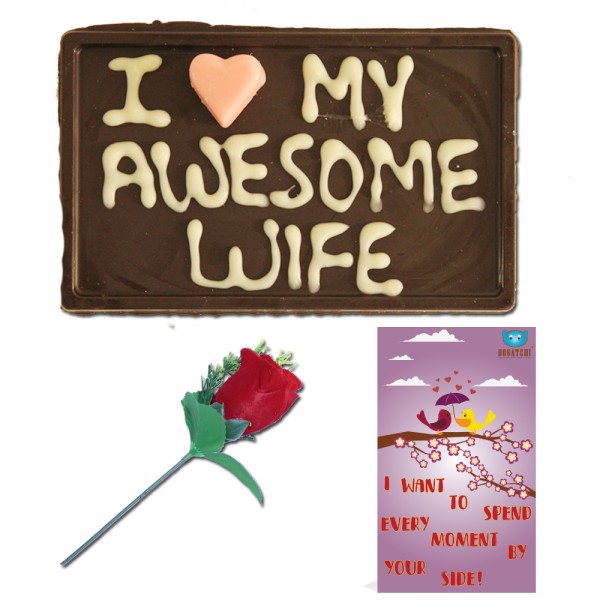 BOGATCHI Valentines Gift for Wife, Handwritten Personalized Dark Chocolate for Wife + Free - Red Rose + Free Valentine's Day Greeting Card. A Personalized Valentines Gift