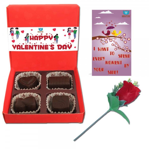 BOGATCHI Chocolates Valentine's Day Gift for Wife, 4 Choco Red Box + Free V-Day Card + Free Rose