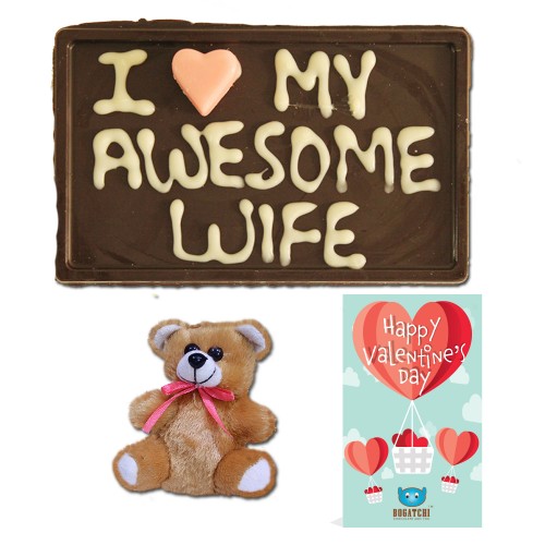 BOGATCHI Valentines Chocolate for Wife with Personalized Message on Dark Chocolate Bar + Free - Teddy + Free Valentine's Day Greeting Card. A Personalized Valentines Gift