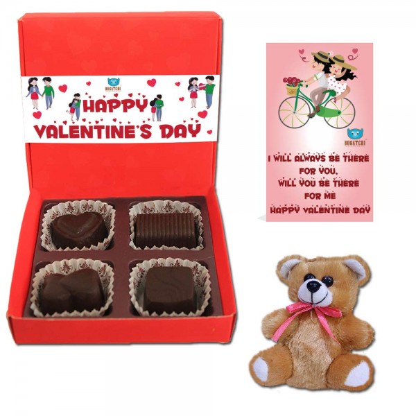BOGATCHI Chocolates Valentines Day Gift for Wife, 4 Choco Red Box + Free V-Day Card + Free Teddy