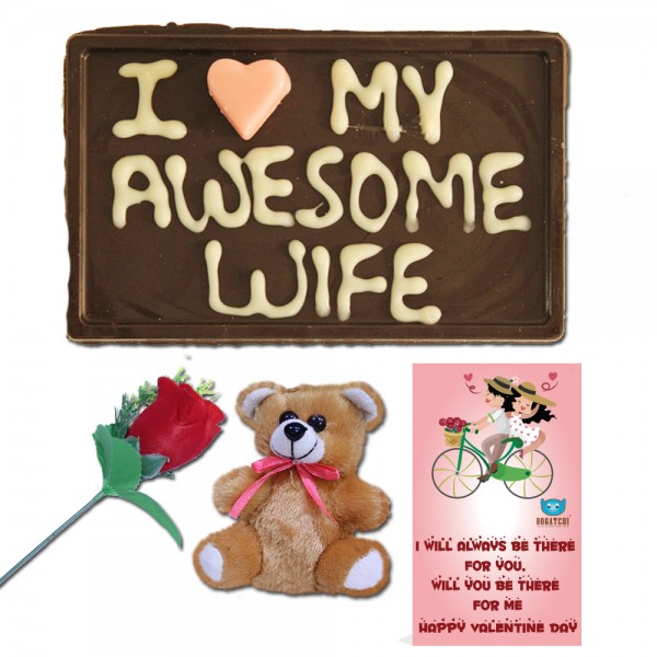 BOGATCHI Handwritten Valentine's Day Chocolate Gift, Awesome Wife 70g + Free Valentine Card + Free Rose & Teddy