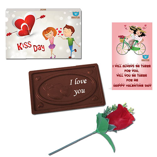 I Love You BOGATCHI, Perfect Valentines Gift, Dark Chocolates, Love Chocolates, Premium Chocolates, Kiss and You Bar 70 g + Free Artifical Rose + Free Valentine Card
