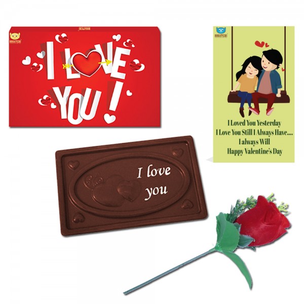  BOGATCHI I LOVE YOU, Perfect Valentines Gift, Dark Chocolates, Love Chocolates, Premium Chocolates, Love Special Bar 70 g + Artifical Rose + Valentine Card