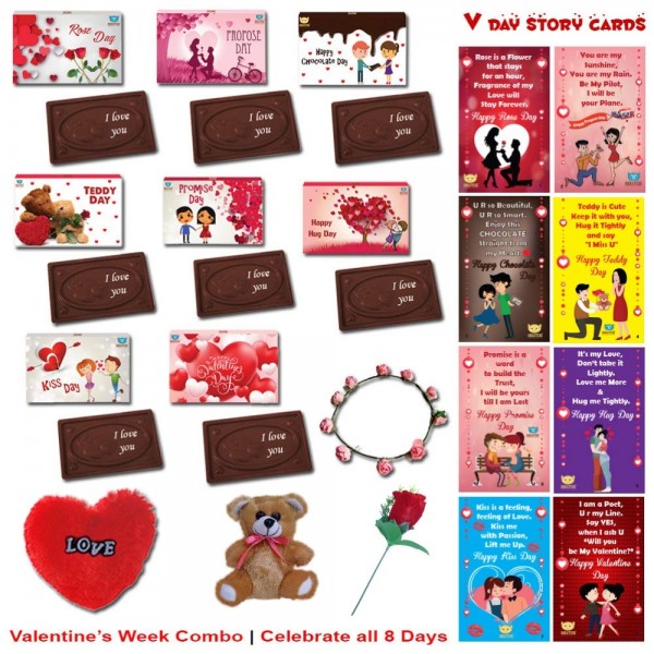 BOGATCHI Chocolates Valentine Day Gift for Girlfriend, All Days Combo, 8 Chocolate Bars + Free All Days Cards + Rose + Teddy + Fur Heart + Tiara, Celebrate Valentines Week