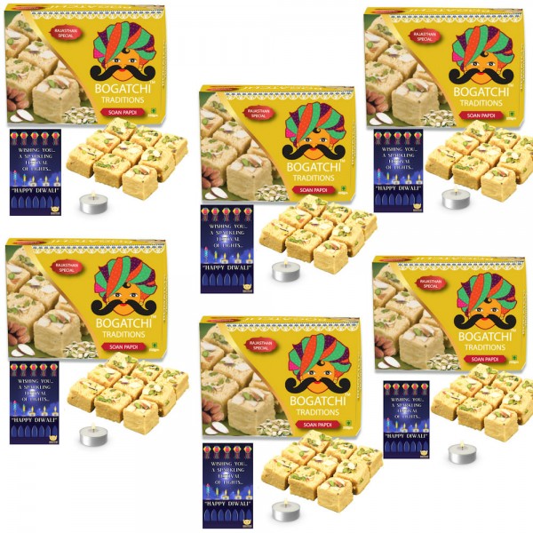  Soan Papdi Diwali 6 in 1 Combo Gift,Diwali Gift Complete Hamper, Diwali Gift for Family and Friends,  Diwali sweets for Family and Friends, 6 x 250g + FREE Diwali Greeting Card + Free Tea Lights