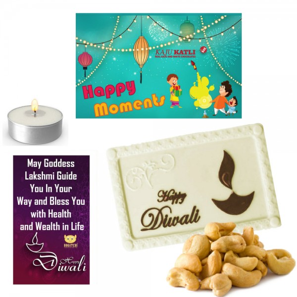  Kaju Katli White Chocolate Bar Diwali Sweets Gift , 70g + FREE Happy Diwali Greeting Card + FREE Tea Light
