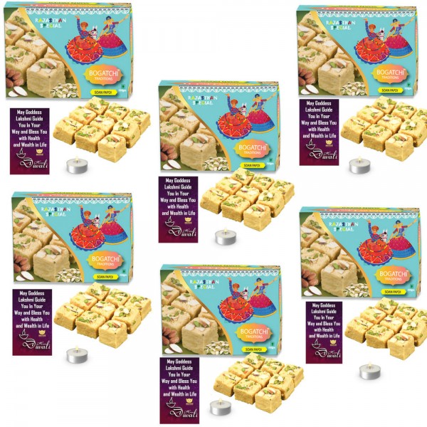  Soan Papdi Diwali Combo Gift,Diwali Gift Complete Hamper, Diwali Gift for Family and Friends,  Diwali sweets for Family and Friends, 6 x 250g + FREE Diwali Greeting Card + Free Tea Lights