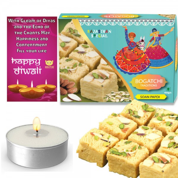  Happy Diwali Gift Traditional Soan Papdi, 450g + FREE Happy Diwali Greeting Card + Free Tea Light