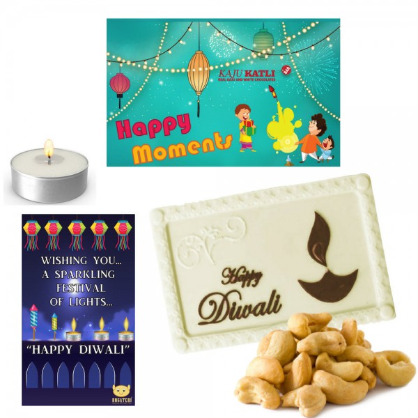 Kaju Katli White Chocolate Bar Happy Diwali Gift for office employees , 70g + FREE Happy Diwali Greeting Card + FREE Tea Light