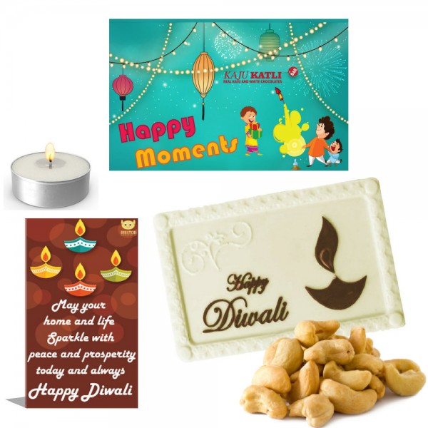Happy Diwali Gift for office employees Kaju Katli White Chocolate Bar, 70g + FREE Happy Diwali Greeting Card + Free Tea Light