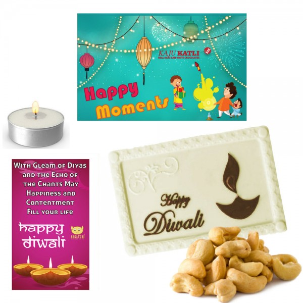 Happy Diwali Gift for friends Kaju Katli White Chocolate Bar, 70g + FREE Happy Diwali Greeting Card + FREE Tea Light